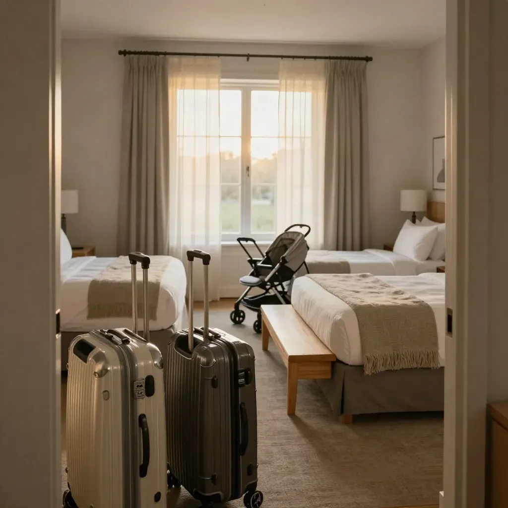 Family suite staged for arrival with twin beds, suitcases, folded stroller, and glowing resort window.