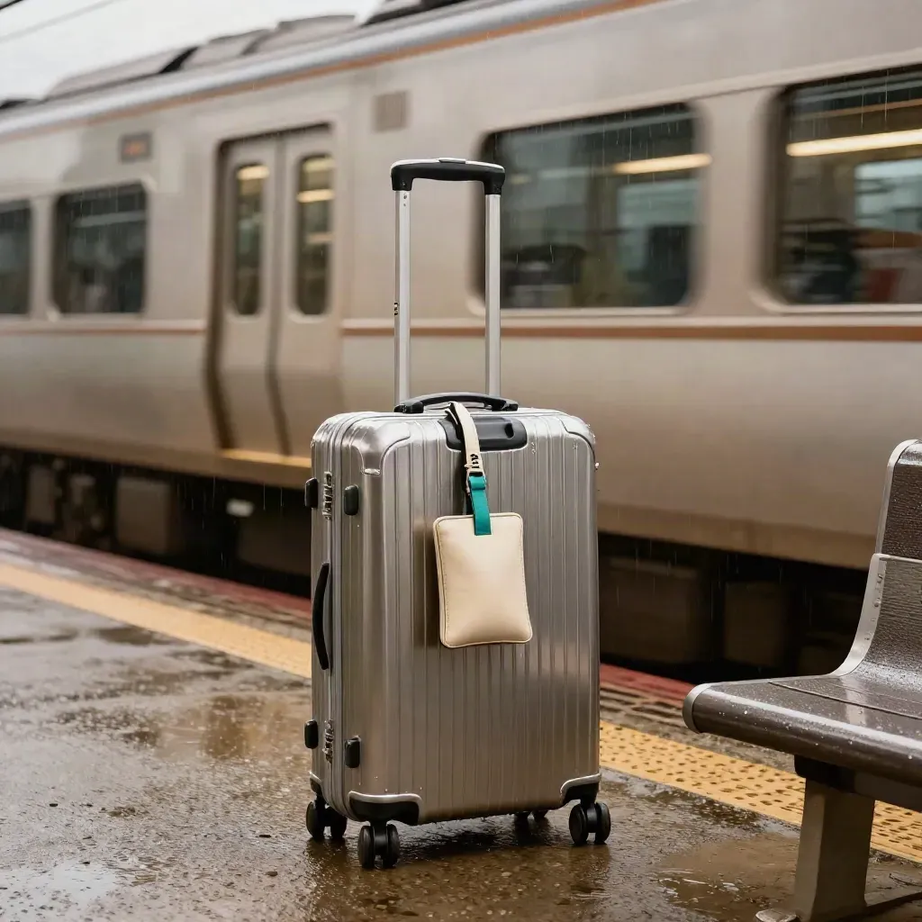 Rainy platform with carry-on, key pouch, and a bullet train arriving in motion.