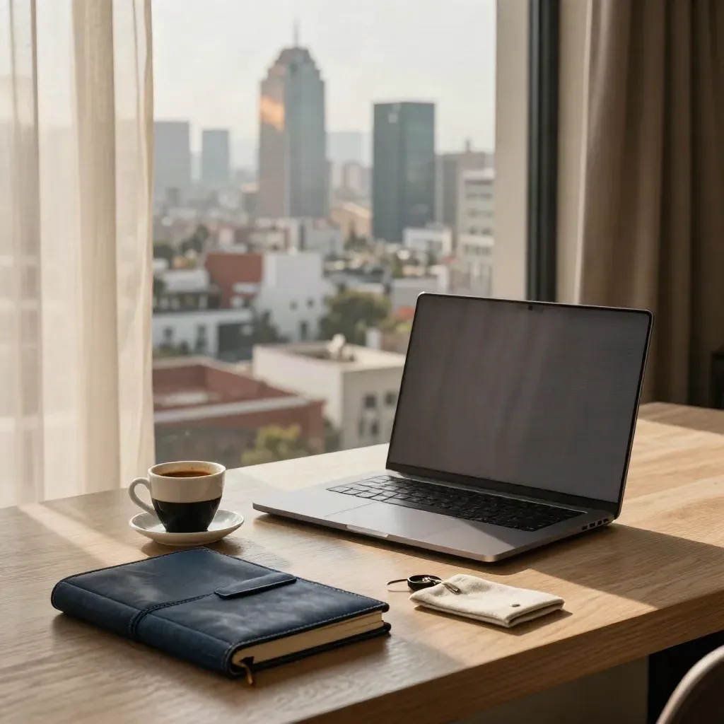 Hotel workspace with closed laptop, espresso cup, notebook, and skyline through sheer curtains.