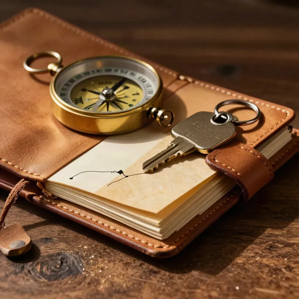 Extreme macro of a leather trip folio, brass compass, hotel key token and swatches on walnut.