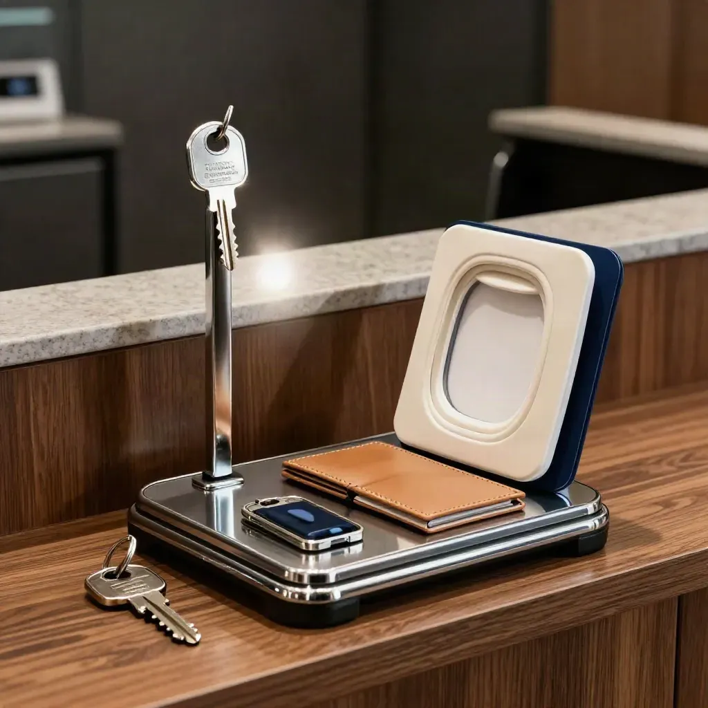 Polished luggage scale with keycard sleeve, ticket holders, and blind swatch on walnut counter