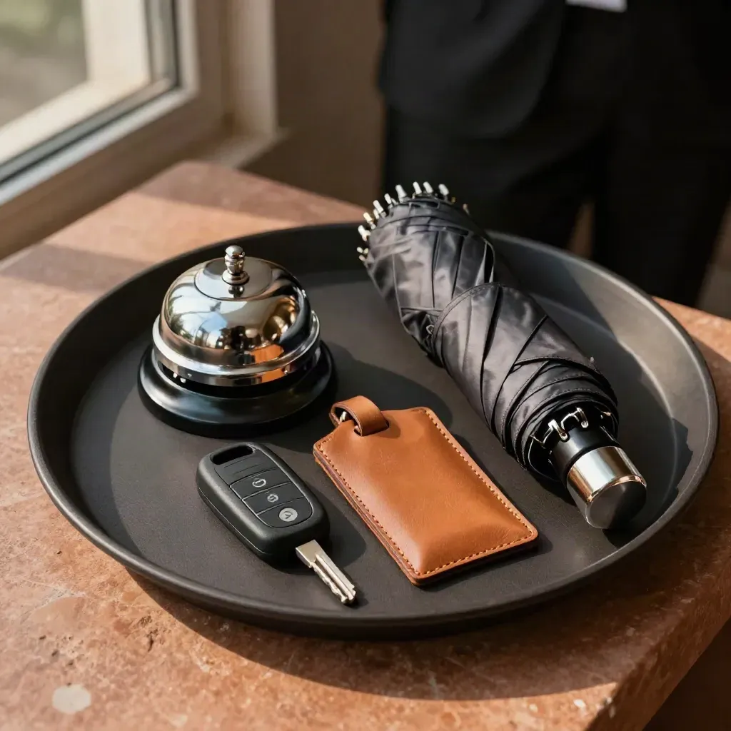 Overhead valet tray with key fob, bell, umbrella and luggage tag on terracotta stone.