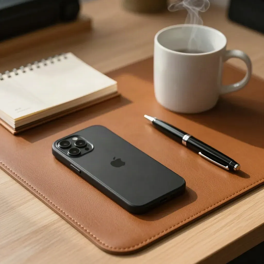 Top-down still life of a phone, calendar block, mug and pen cap on a leather mat