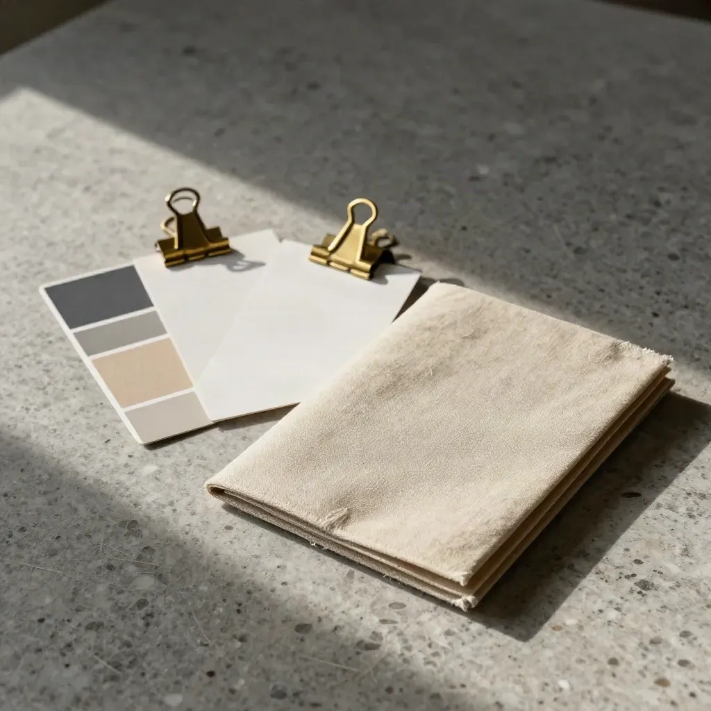 Precision travel-planning flatlay with blank cards, brass clips, swatches and a linen folder on stone.