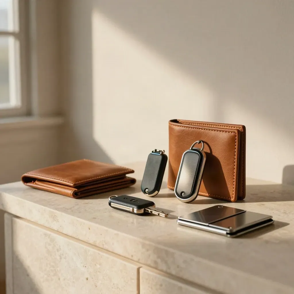 Key fobs, leather travel wallet, and metal card sleeves on a limestone sideboard.