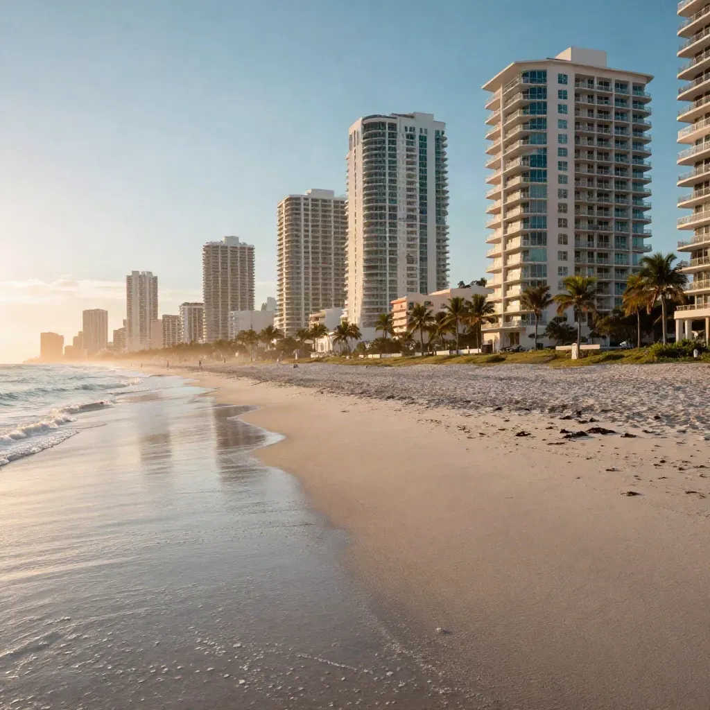 Miami skyline above wet sand and low surf at sunset after rain.