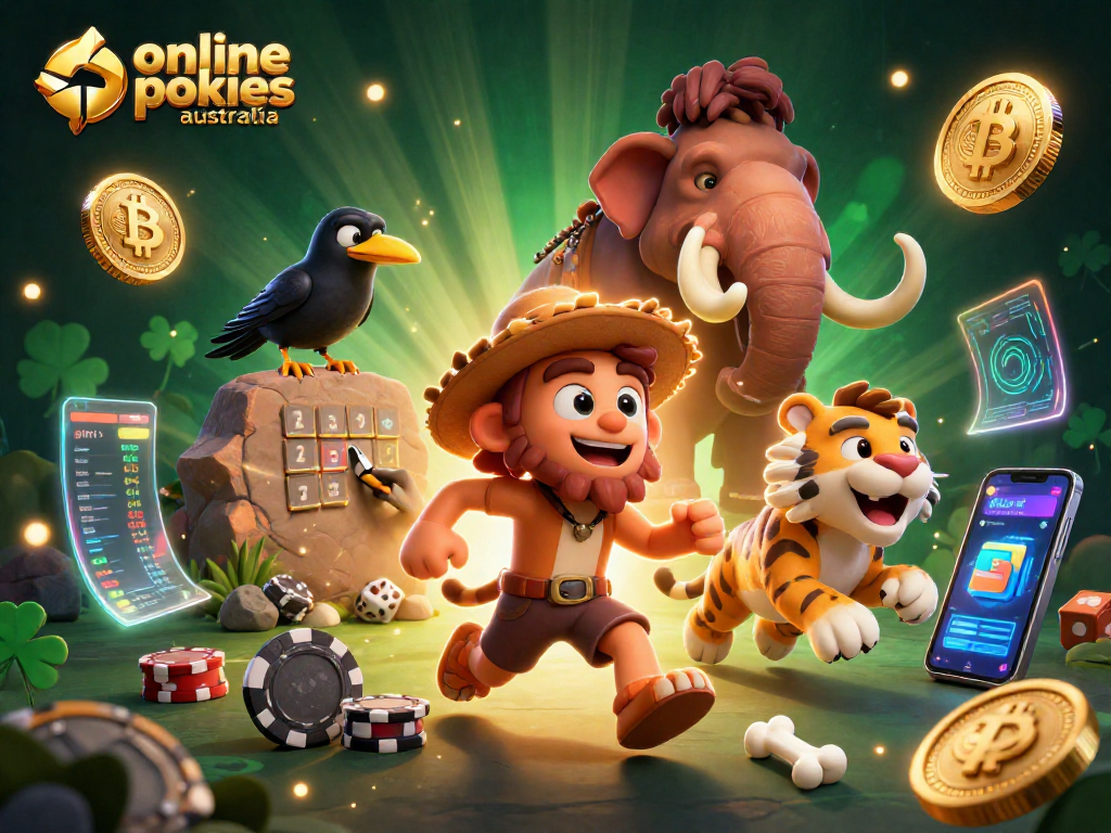 Experience thrilling online pokies Australia with a cartoon caveman and sabertooth tiger in a vibrant prehistoric casino scene.