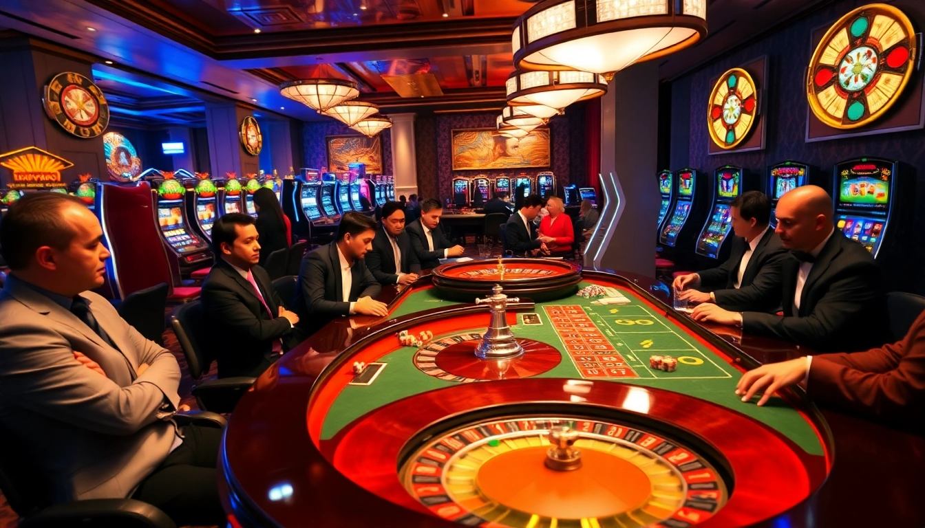 Table games in a vibrant casino setting showcasing nhà cái Hay88's premium gaming experience.