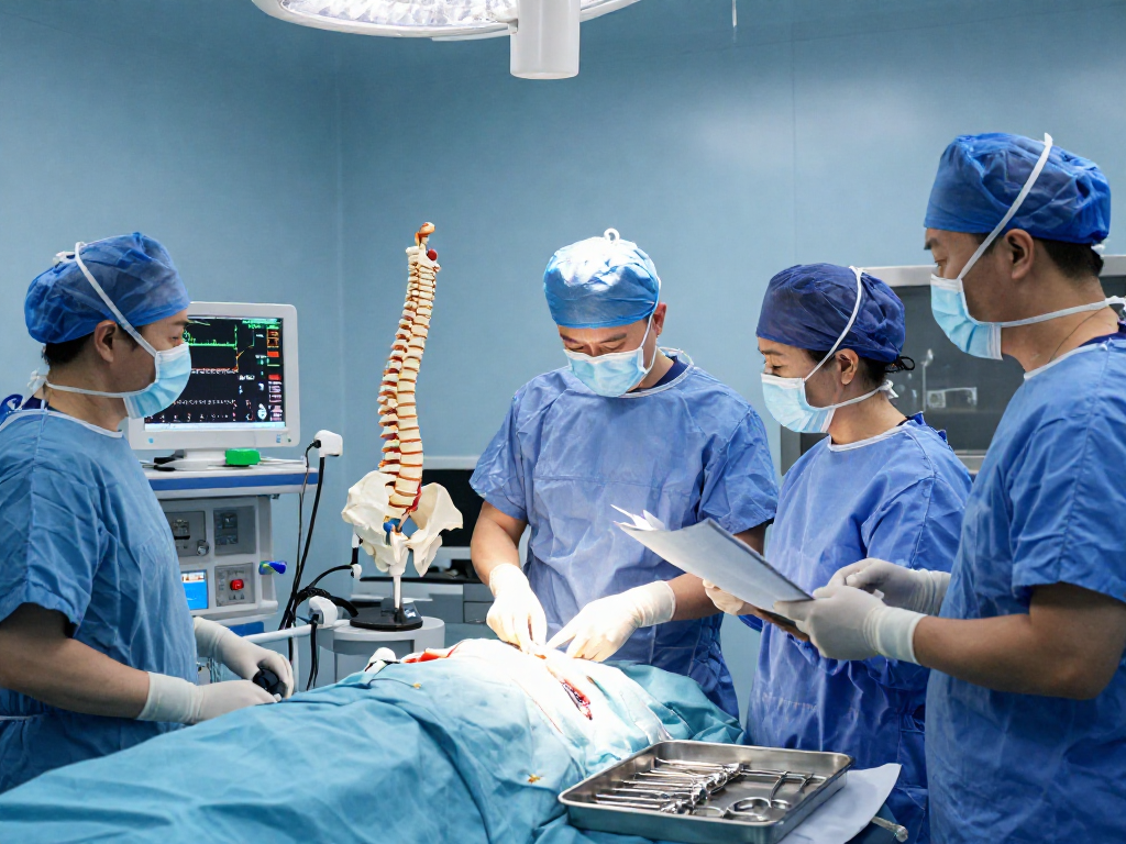 Bel kayması ameliyatı in progress, experienced surgeon preparing in a modern operating room.