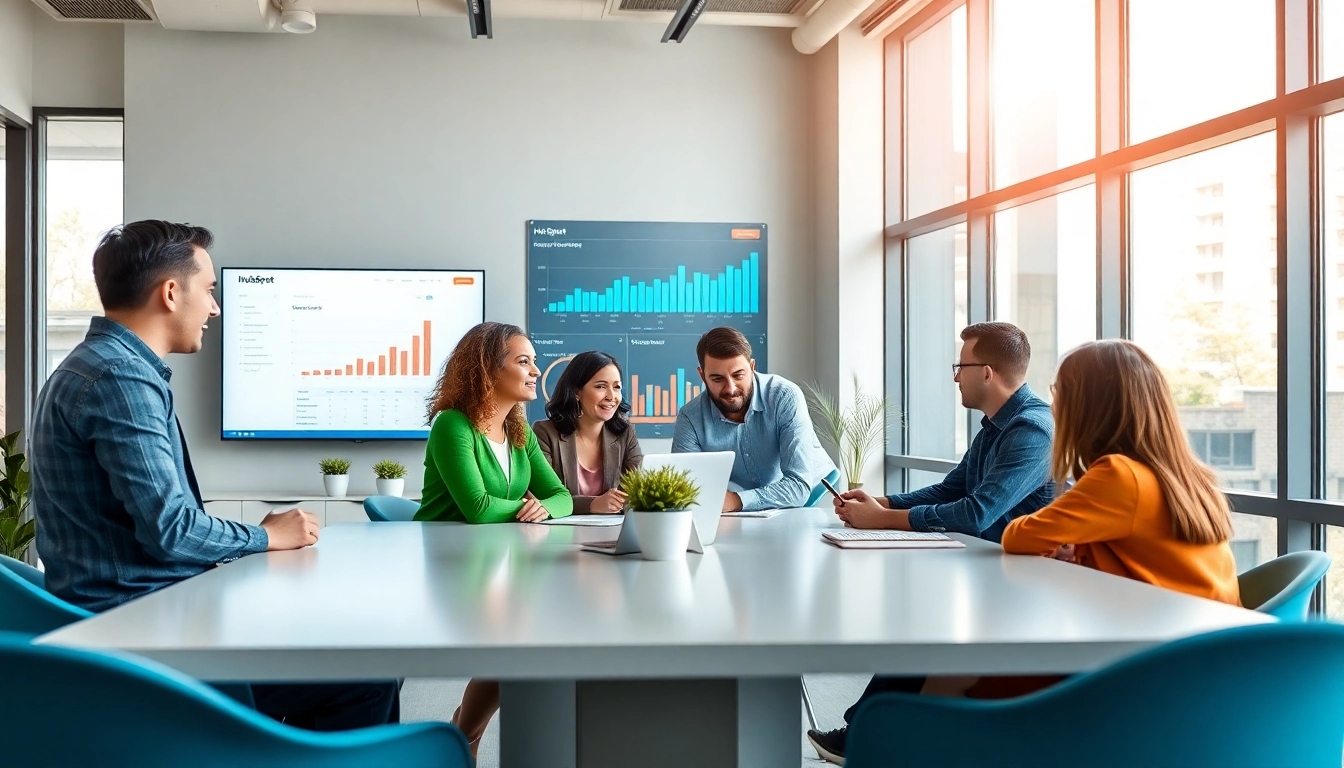 Team collaborating in a professional setting for agencia hubspot project with modern technology.