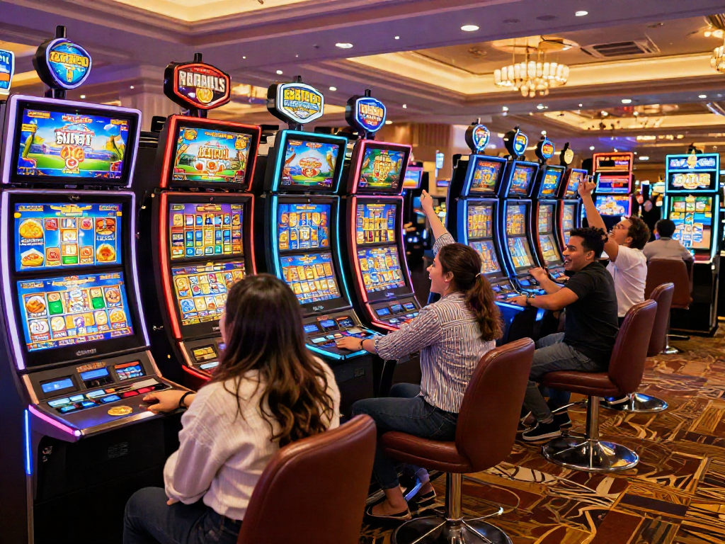 Exciting gaming scene featuring slot luar negeri at a bustling casino, diverse friends celebrating wins amidst colorful slot machines.