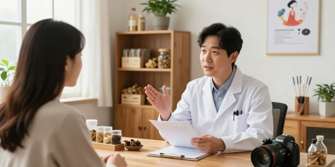 Consultation at 영통한의원 showing a doctor and patient in a warm health clinic setting.