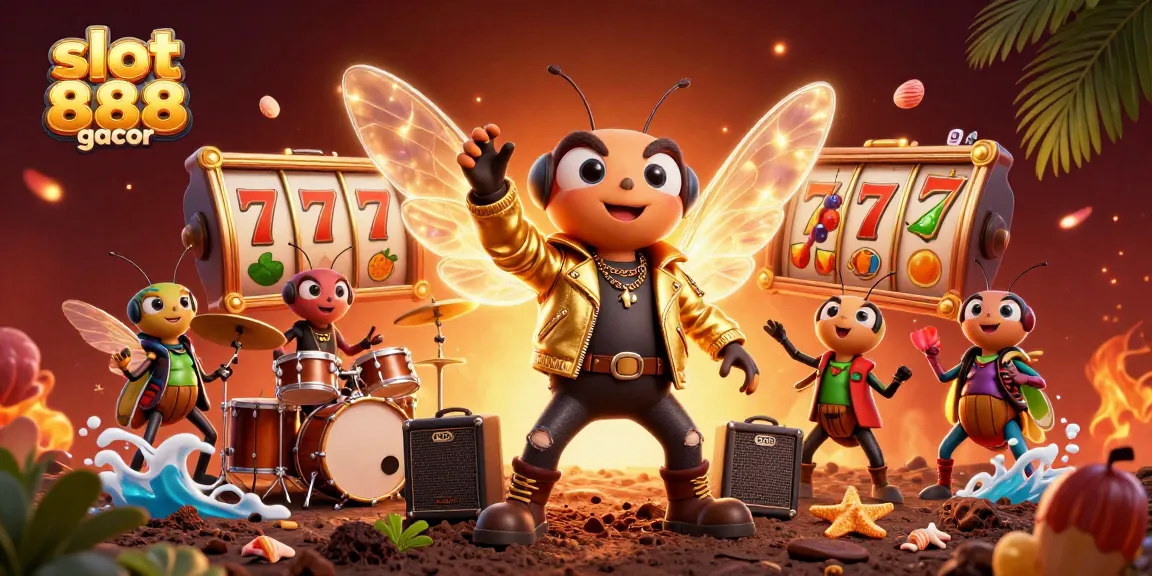 Engage with slot 888 gacor in a vibrant 3D casino scene of cartoon characters celebrating winnings.