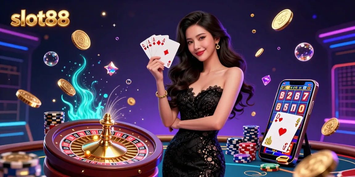 Experience the excitement of slot88 with a glamorous scene showcasing poker cards, vibrant chips, and dazzling casino ambiance.