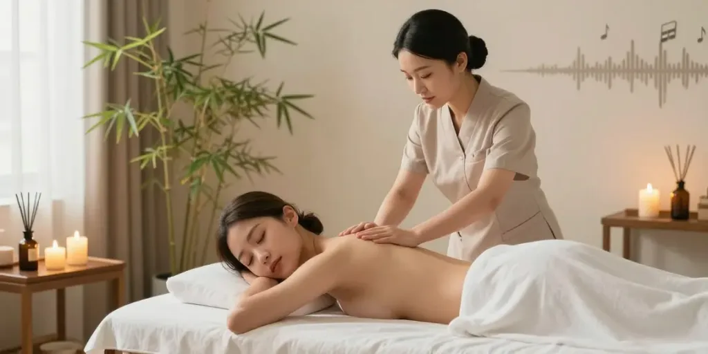 Relaxing운서출장마사지 session in a tranquil home spa setting with soothing lighting.