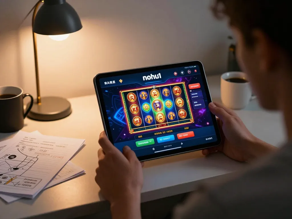 Player engaging with the nohu1 casino app on tablet in a cozy home setup, focused on strategy