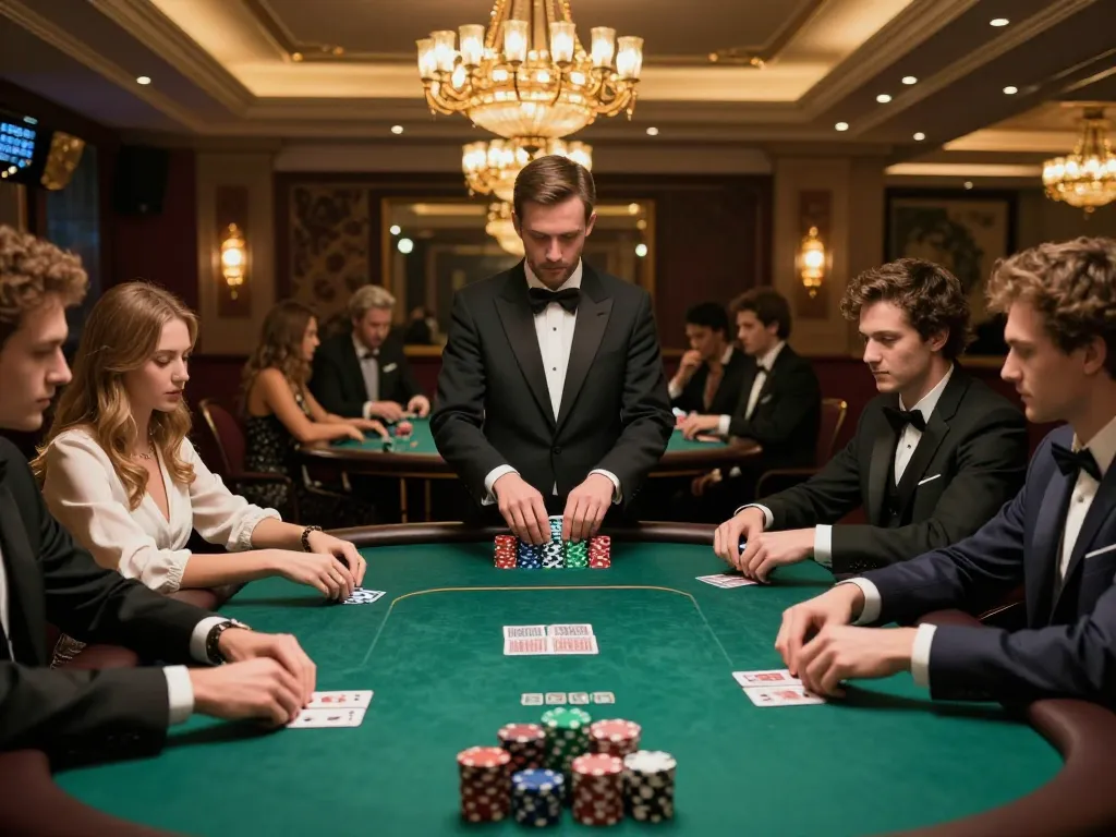 Bermain poker di paris888 bersama teman-teman di lingkungan kasino mewah, fokus pada permainan.