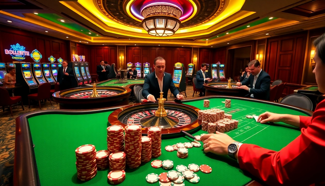 Découvrez l'excitation du casino en ligne argent réel avec des joueurs à une table de roulette luxueuse.