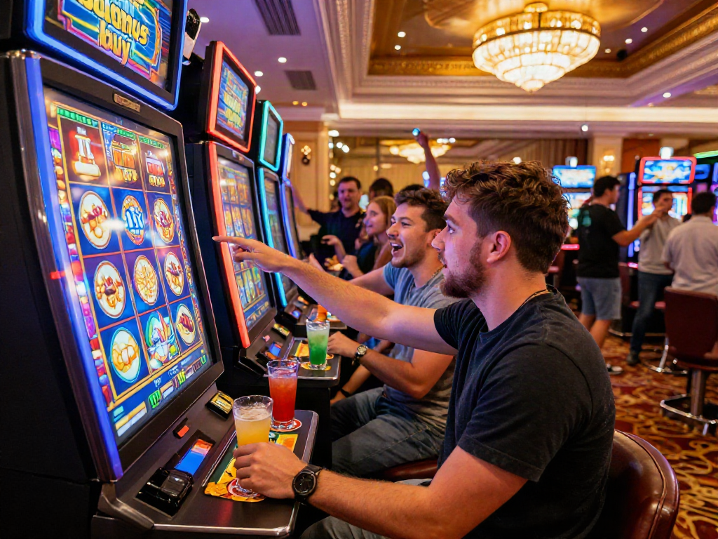 Exciting casino scene featuring players engaging with slot bonus buy options at a vibrant gaming machine.