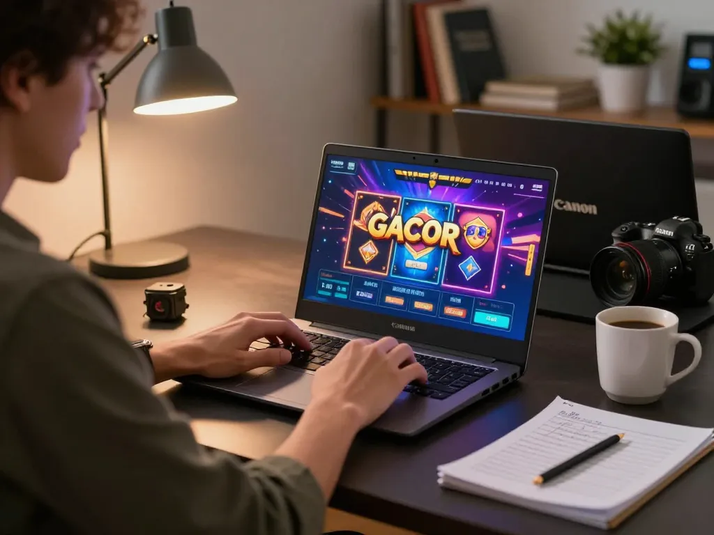 Player engaging with slot gacor on a laptop, highlighting immersive online gaming experience.