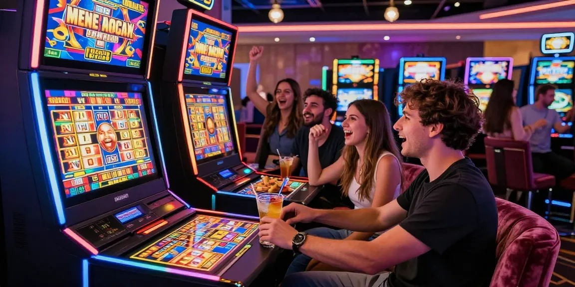 Friends celebrating their slot bonus wins at a vibrant casino.