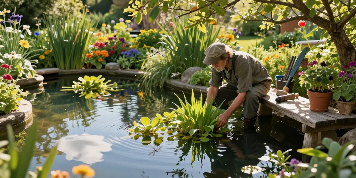 Pond Plants flourishing in a tranquil garden pond with a gardener tending to vibrant aquatic life.