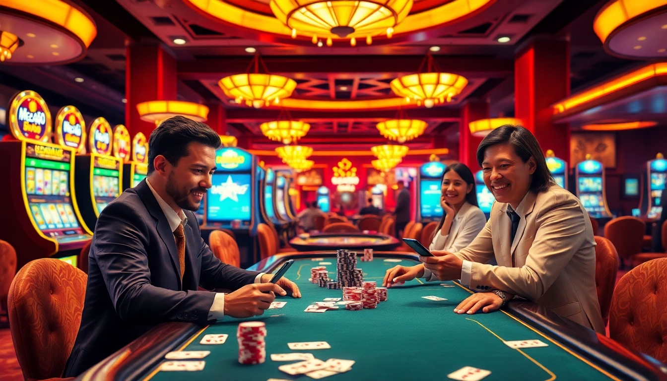 Mega888 APK players enjoying slot games in a luxurious casino environment.