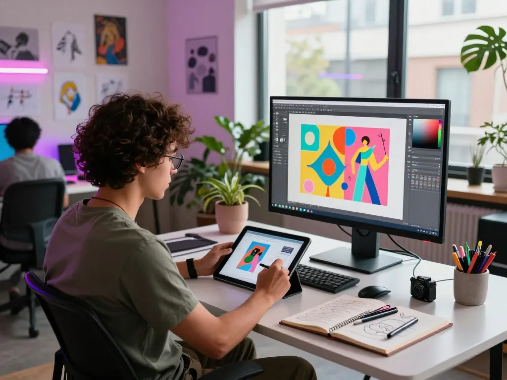Artist generating image to prompt in a vibrant digital art studio.