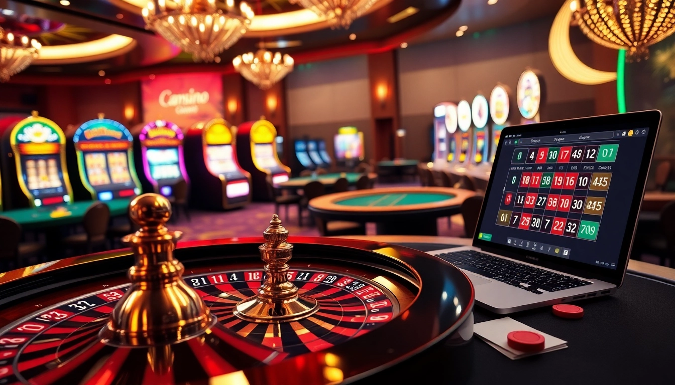 Vivez l'excitation du casino en ligne argent réel avec une scène de roulette palpitante mettant en vedette des tables et des jetons vibrants.