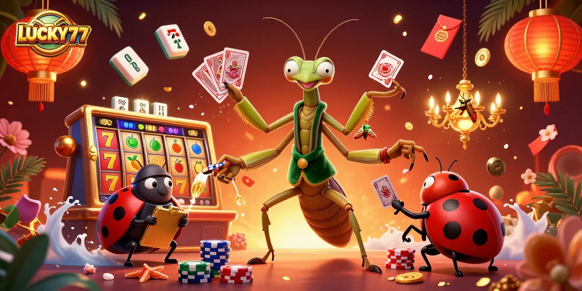 Join the action at LUCKY77 with a vibrant casino scene featuring a giant mantis and ladybug.