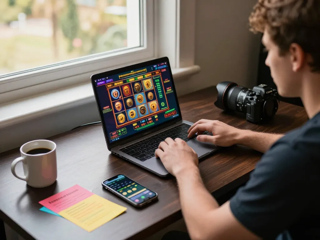 Engaged player strategizing with slot gacor gampang menang on laptop while tracking bets