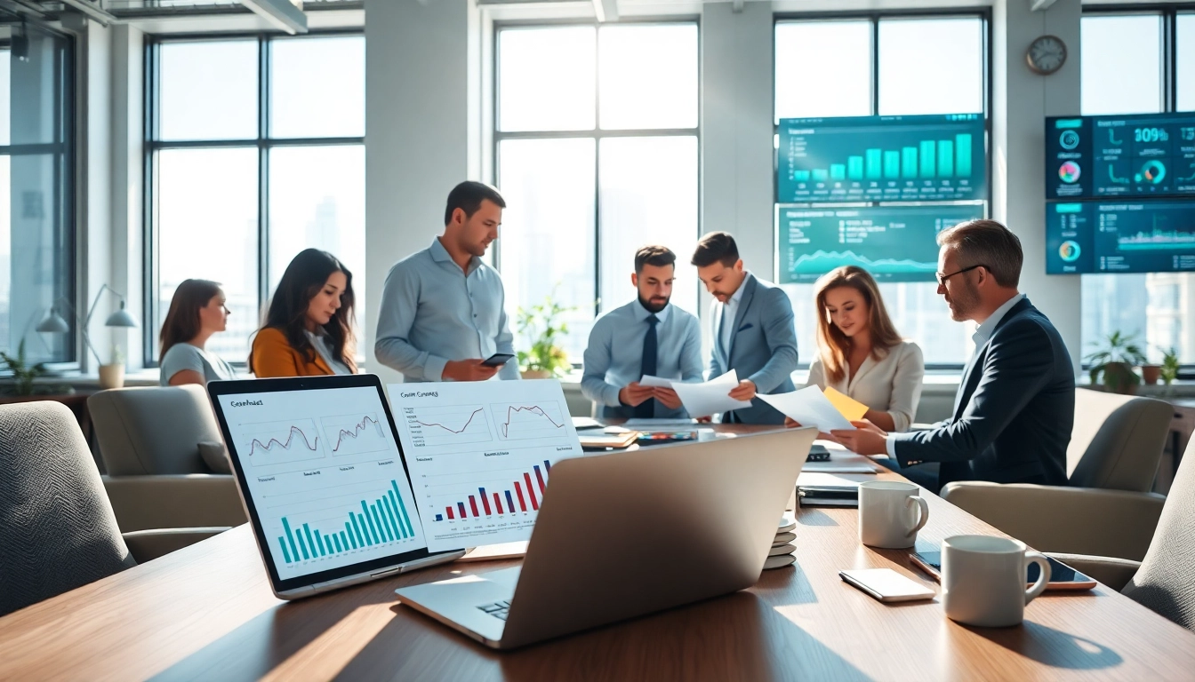Team collaborating on Contract Management in a modern office with documents and analytics.