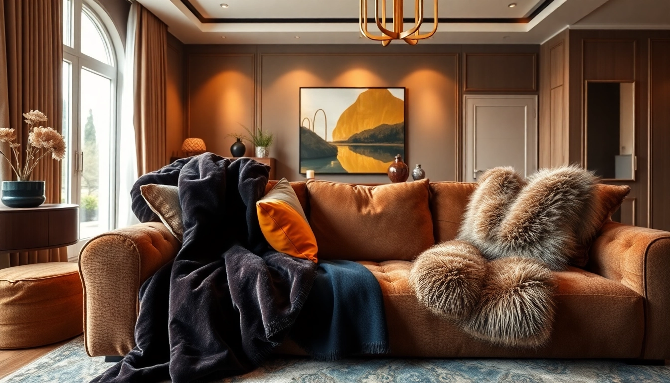 Bekijk warme en stijlvolle stoffen op een elegante bank in een moderne woonkamer met een gezellige ambiance.
