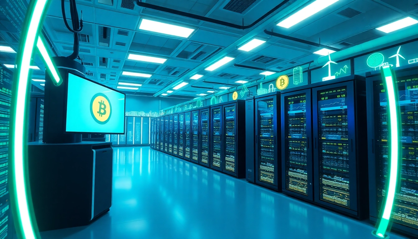 Futuristic bitcoin cloud mining operation showcasing advanced tech and renewable energy.