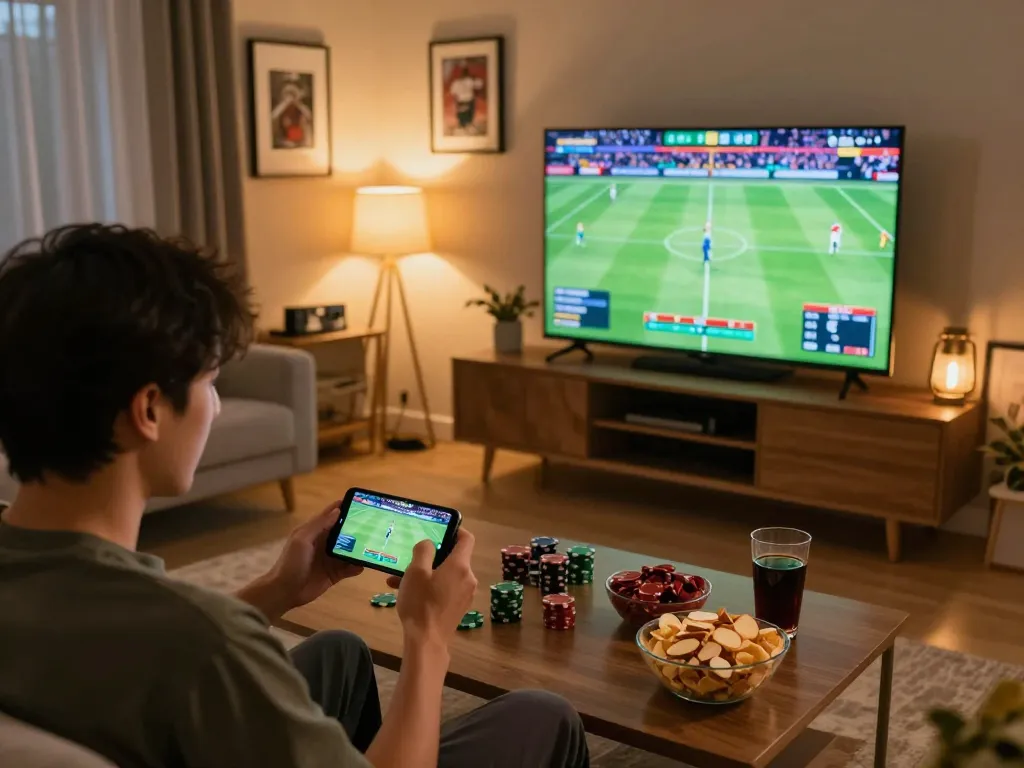 Player placing live bets on 58win while watching a sports match in a cozy living room.