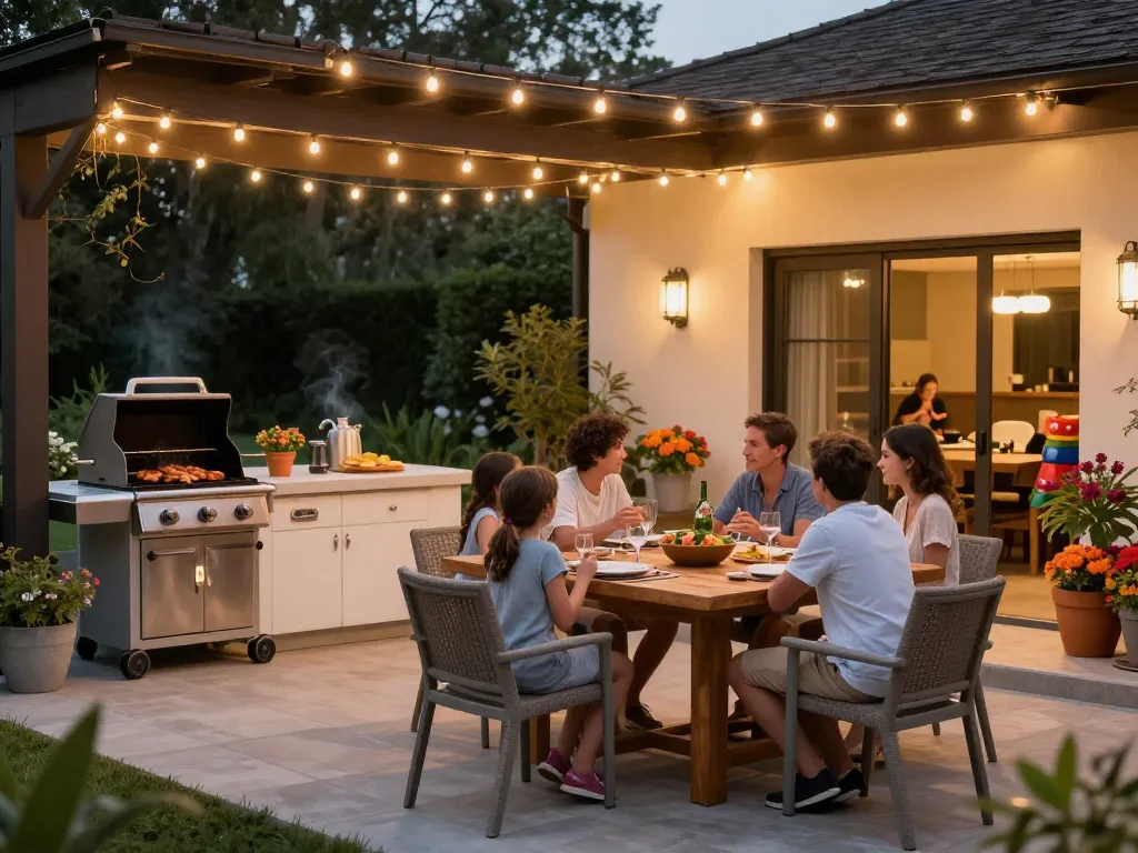 Outdoor living configurator scene showcasing a family enjoying a stylish patio with a modern kitchen and festive lighting.