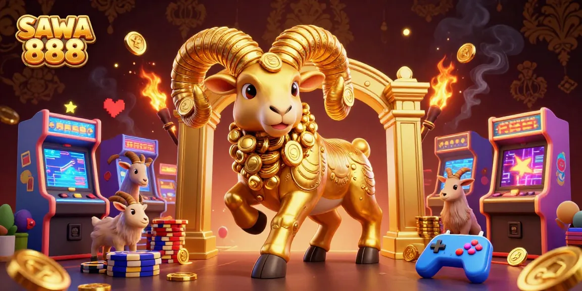 Experience SAWA 888's vibrant casino scene with a golden ram charging through arcade elements.