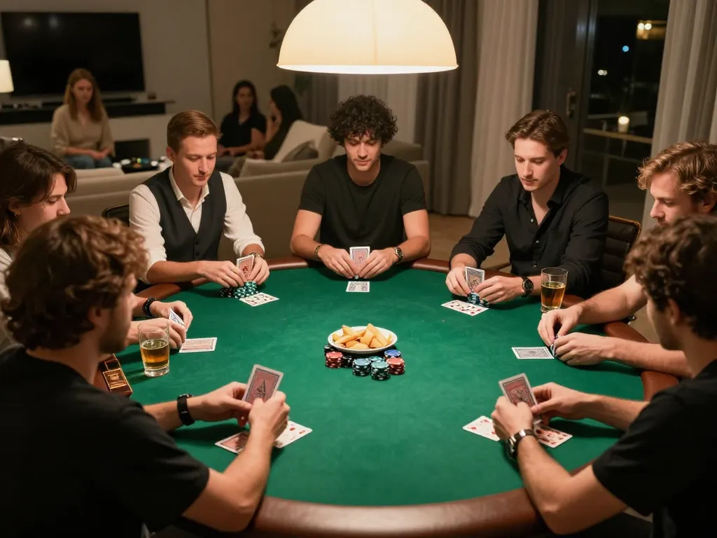 Action-packed private poker game, showcasing casino non aams legali atmosphere and strategic gameplay among friends