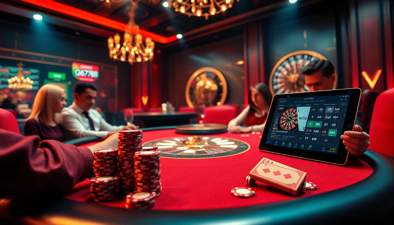 Players engaging in high-stakes poker at ga6789 casino with vibrant colors and thrilling atmosphere.