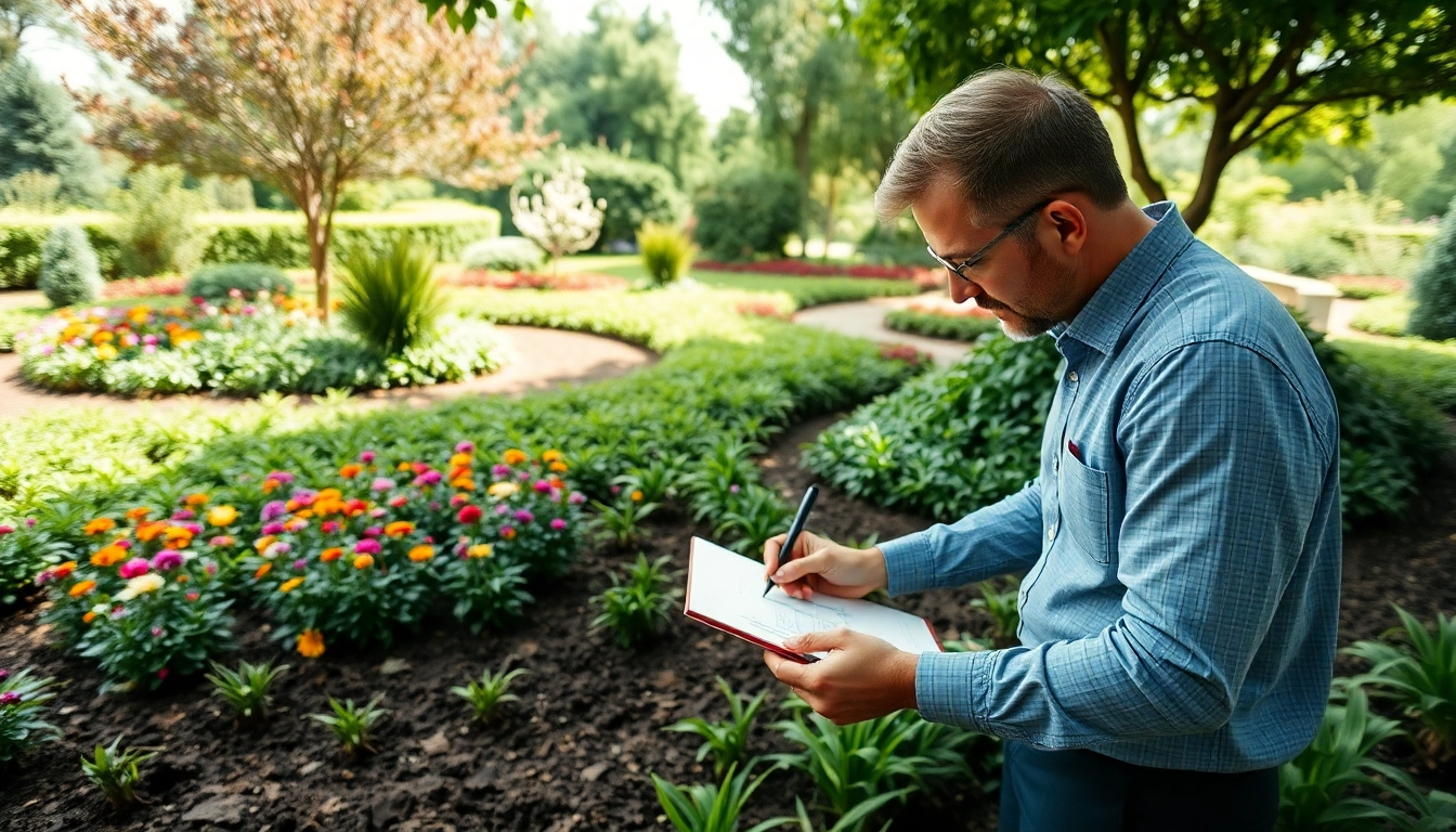 Landscape architect sketching designs amidst a lush garden landscape with vibrant flora.