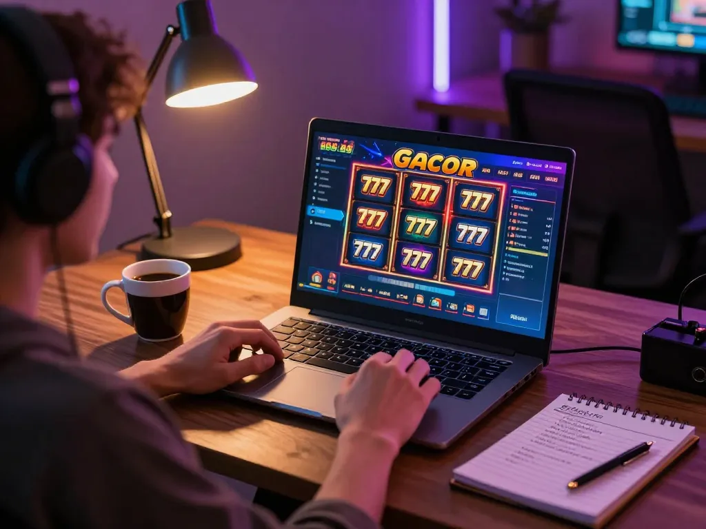 Playing slot gacor 777 on laptop in cozy home setup, highlighting casual online gaming experience.