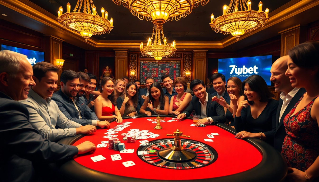Engaging gamblers at a luxurious casino table with 7upbet branding.