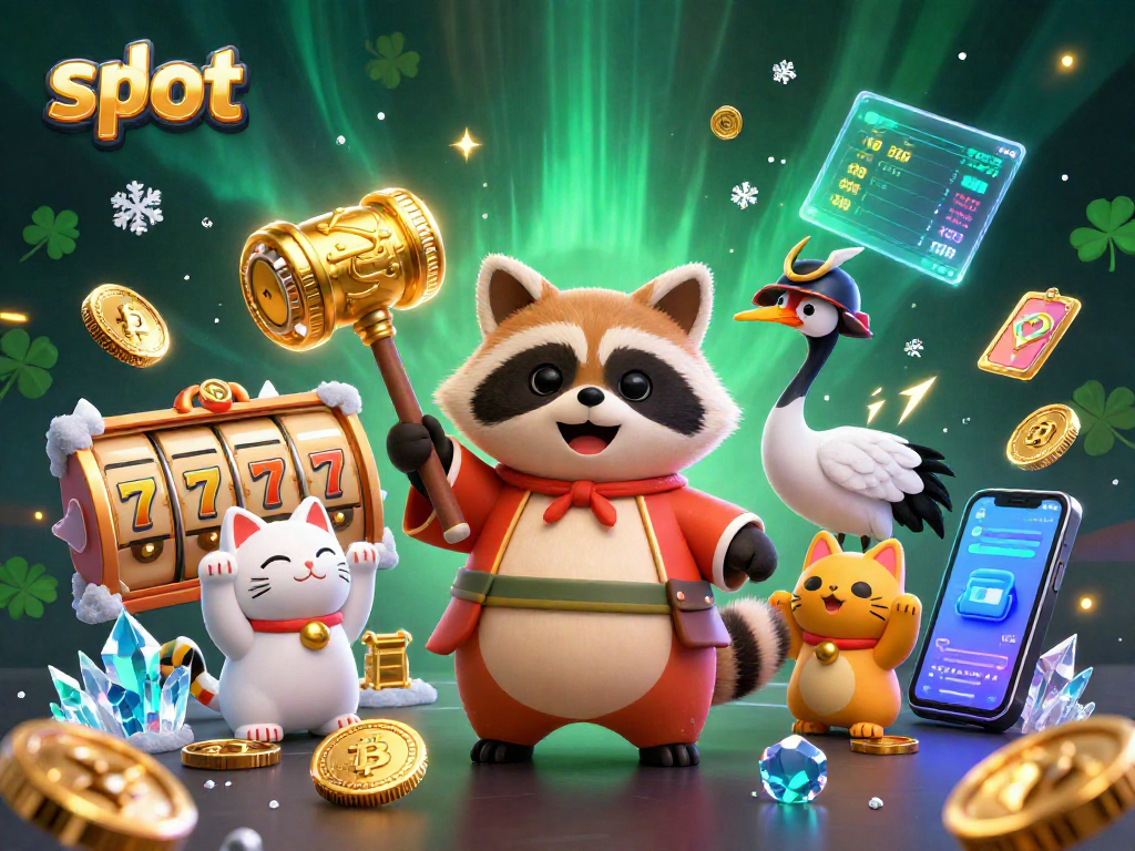 Experience thrilling slot action with a cheerful tanuki and lucky symbols in vibrant casino art.