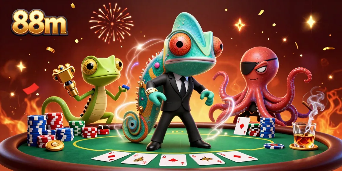 Experience the thrill of winning at 88m with a vibrant casino scene featuring colorful poker elements.