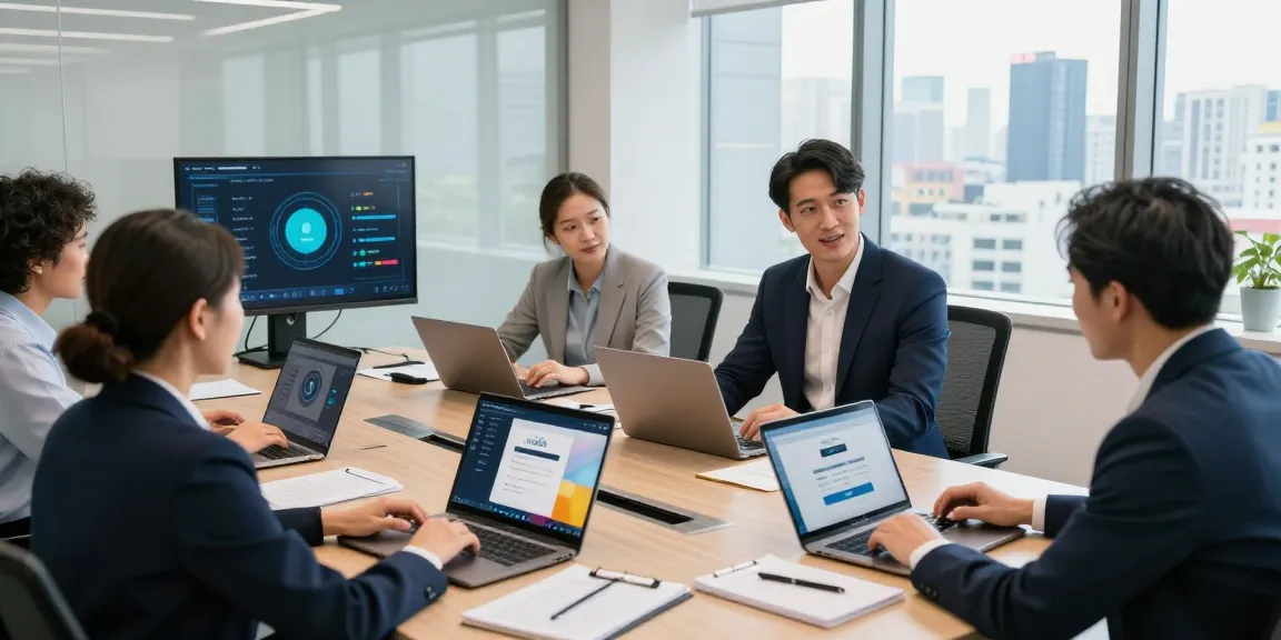 Colleagues exploring rokok88 login at a modern office conference table amidst digital displays and urban skyline views.