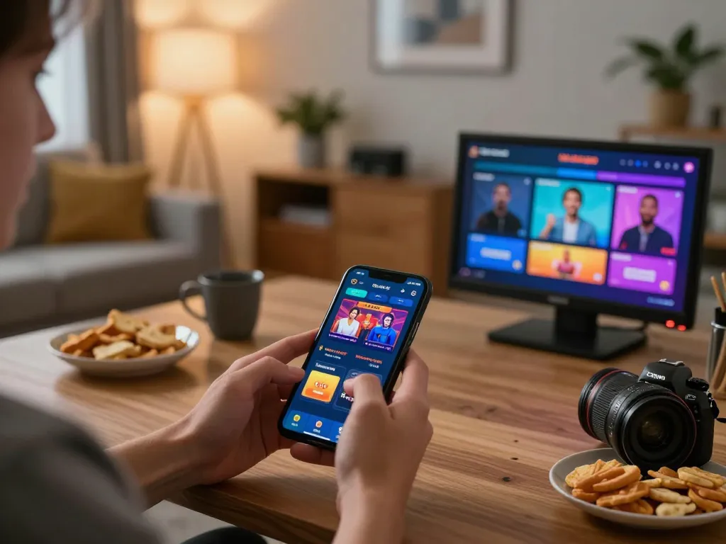 Engaging with hitclubapk app on smartphone in a cozy home environment while enjoying snacks and evening light.