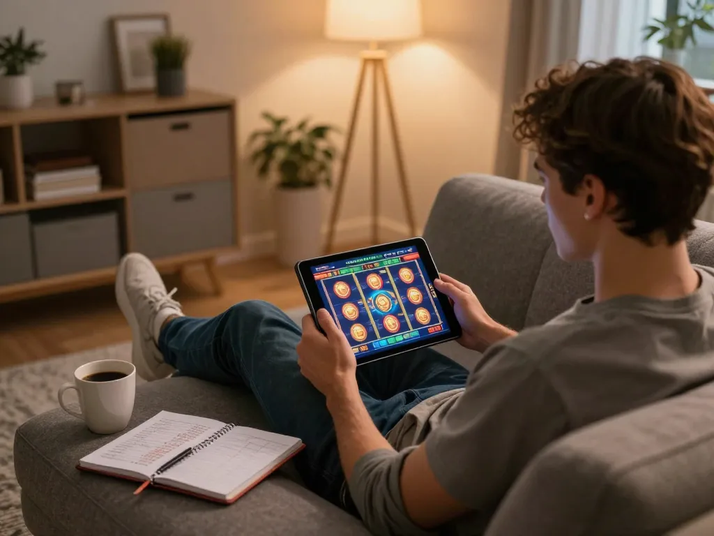 Engaging in casino senza licenza aams gaming on a tablet in a cozy home setup.