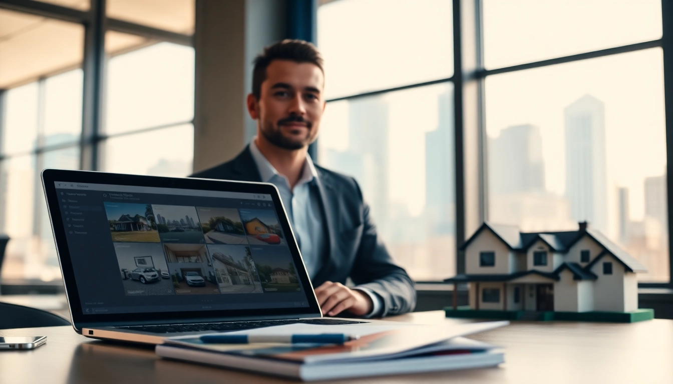 Real Estate agent engaging with clients in a modern office environment.