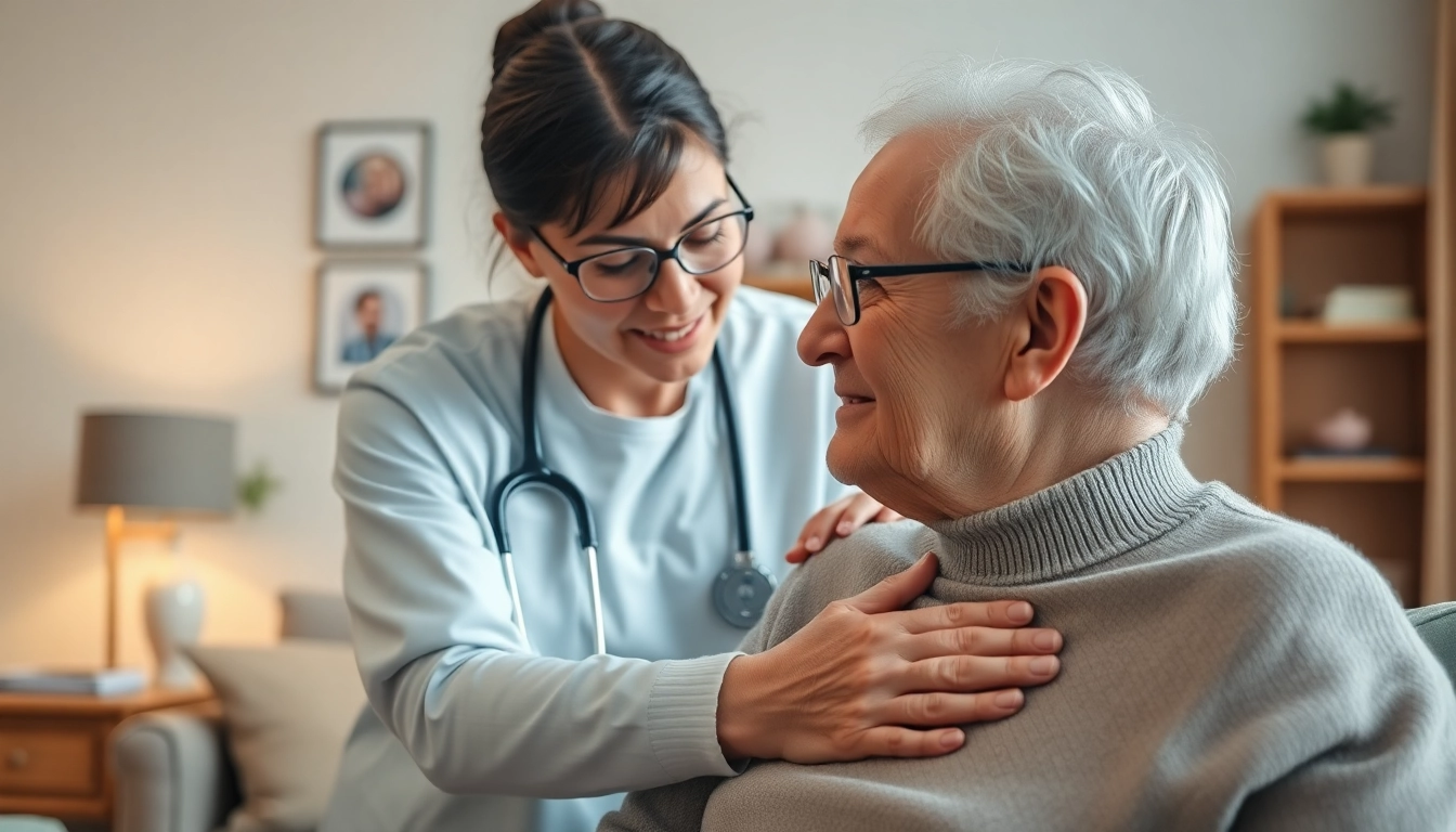 Elderly in home care near me: Professional caregiver supporting an elderly person in a cozy home.