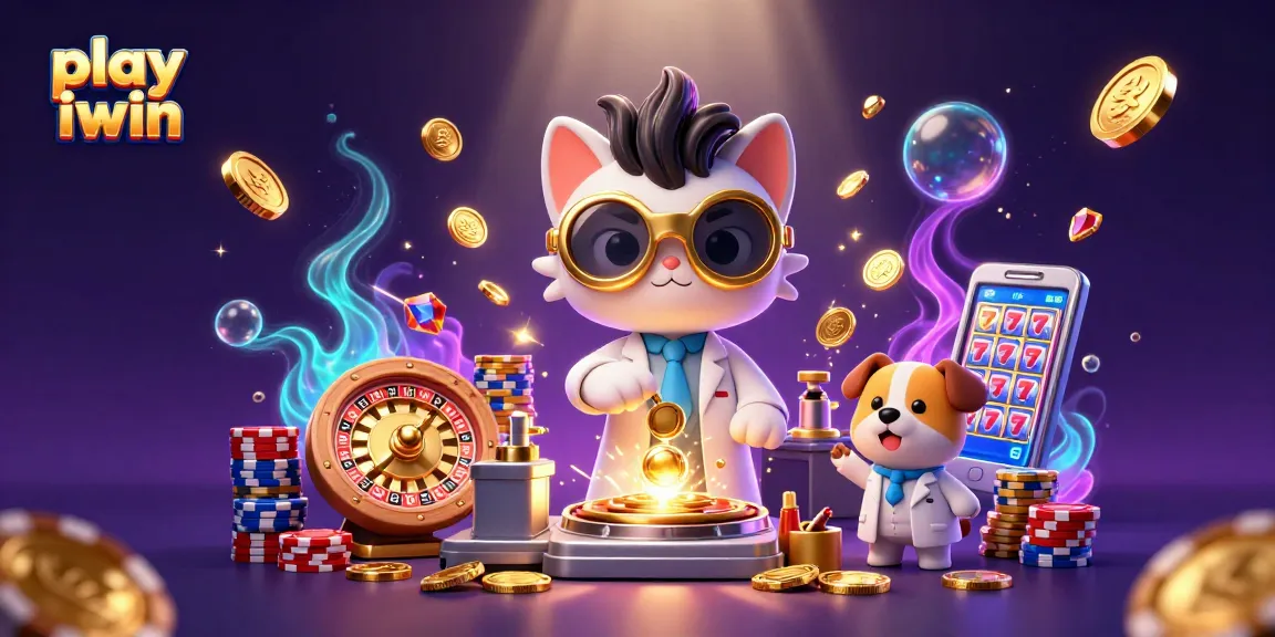 Play iwin in a vibrant casino scene with a mad scientist cat and dog creating excitement.